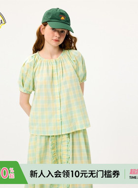 SEE YOU at PIZZA衬衫女25年夏新款简约圆领格纹短袖上衣491026
