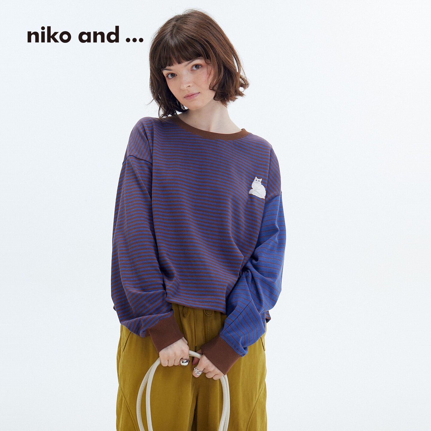 niko and ...T恤女2026春季新款棉质条纹猫咪刺绣长