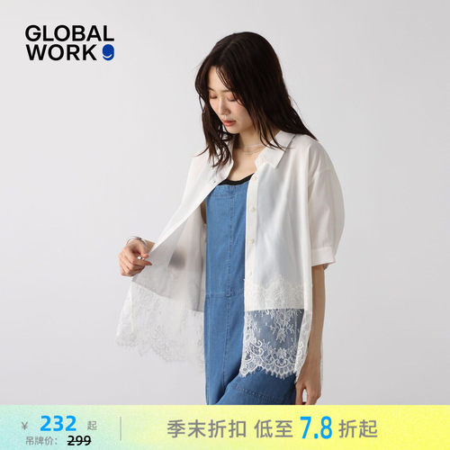 【博主同款】GLOBAL WORK 衬衫女26夏纯色蕾丝拼接短袖上衣805193