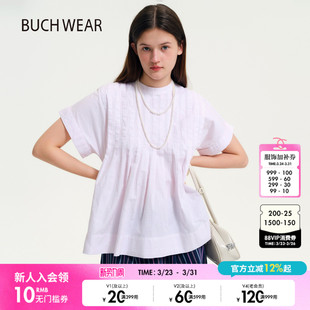 小格纹圆领褶皱棉质短袖 BUCH 新款 女2026夏季 645983 WEAR衬衫