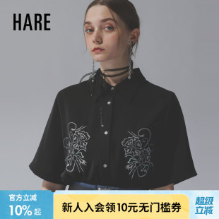 休闲设计感刺绣翻领短袖 HARE 新款 衬衫 上衣321475 女2025夏季