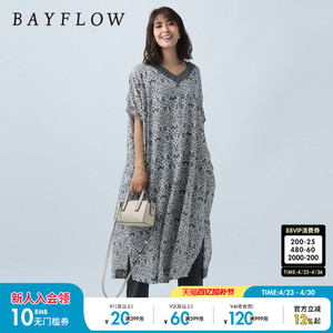 BAYFLOW连衣裙女24夏V领复古印花异域风情宽松日系开叉长裙353915