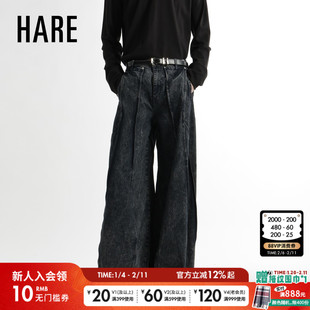 HARE牛仔裤男2026春季新款潮酷做旧宽松微喇棉质长裤634266