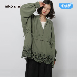 niko and ...衬衫女2026秋季新款复古镂空V领刺绣娃娃衫1050011
