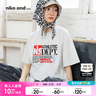 印花双拉链休闲短袖 niko 新款 ...T恤女2025年夏季 上衣496214 and