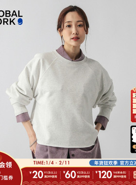 GLOBAL WORK 卫衣女2025冬季新款浅灰色圆领落肩袖宽松上衣580961