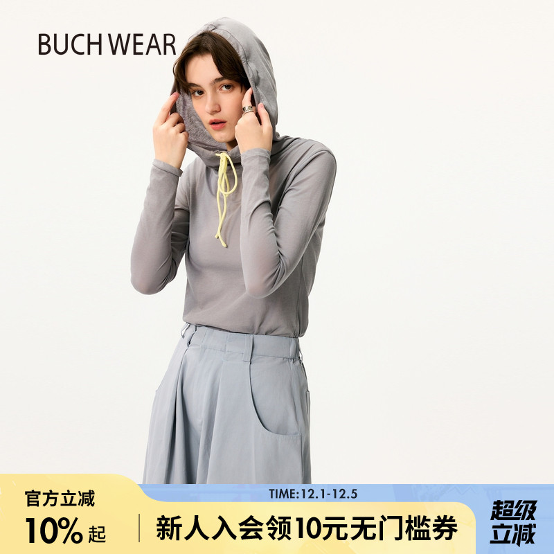 BUCH WEAR T恤女2025年夏季新款休闲含棉连帽打底长袖上衣494377