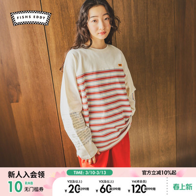 FISHS EDDY T恤男女同款2026春季新款条纹刺绣棉质长袖上衣661437