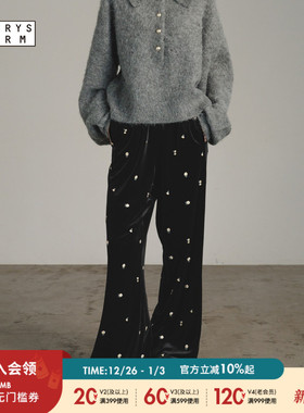 LOWRYS FARM阔腿裤女2025冬季新款丝绒刺绣复古宽松长裤621527