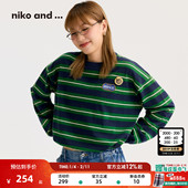 and ...T恤女2026春季 新款 niko 条纹刺绣抽绳下摆长袖 上衣636941