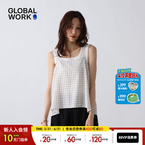 GLOBAL WORK 吊带女2026夏季新款含亚麻格纹不规则系带罩衫638069
