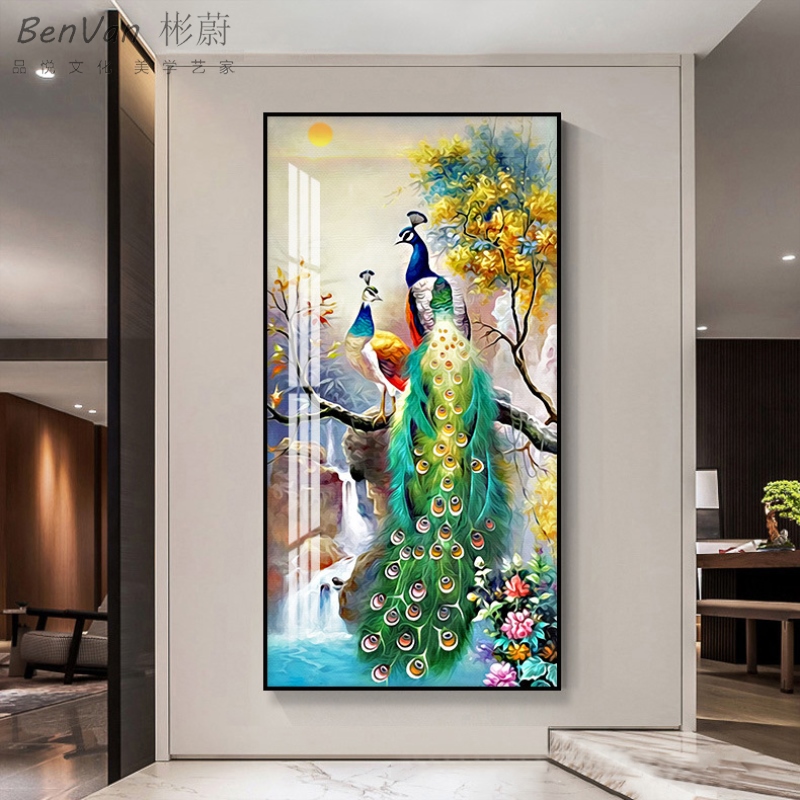 网红孔雀玄关客厅沙发背景墙装饰画入户现代立体晶瓷画镶钻轻奢壁图片