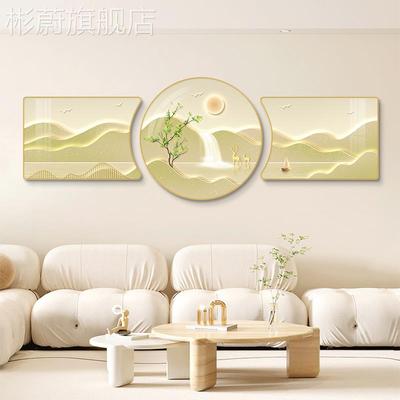 网红奶油风客厅饰画背有靠沙山壁画寓意好三联画高级感发背装景墙
