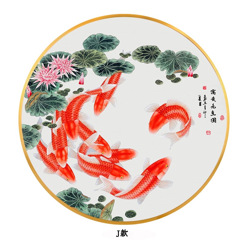 新中式九鱼图荷花装饰画餐厅玄关客厅挂画入户招财鲤鱼圆形墙定做图片