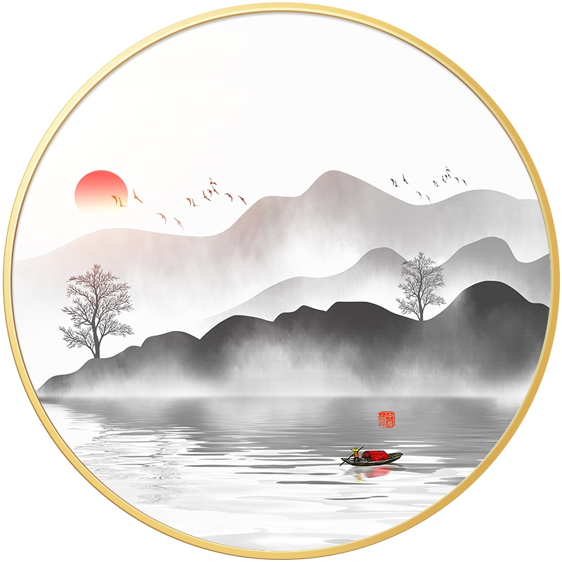 新中式圆形中堂带灯走廊玄关山水挂画壁灯别墅过道入户装饰画定做图片
