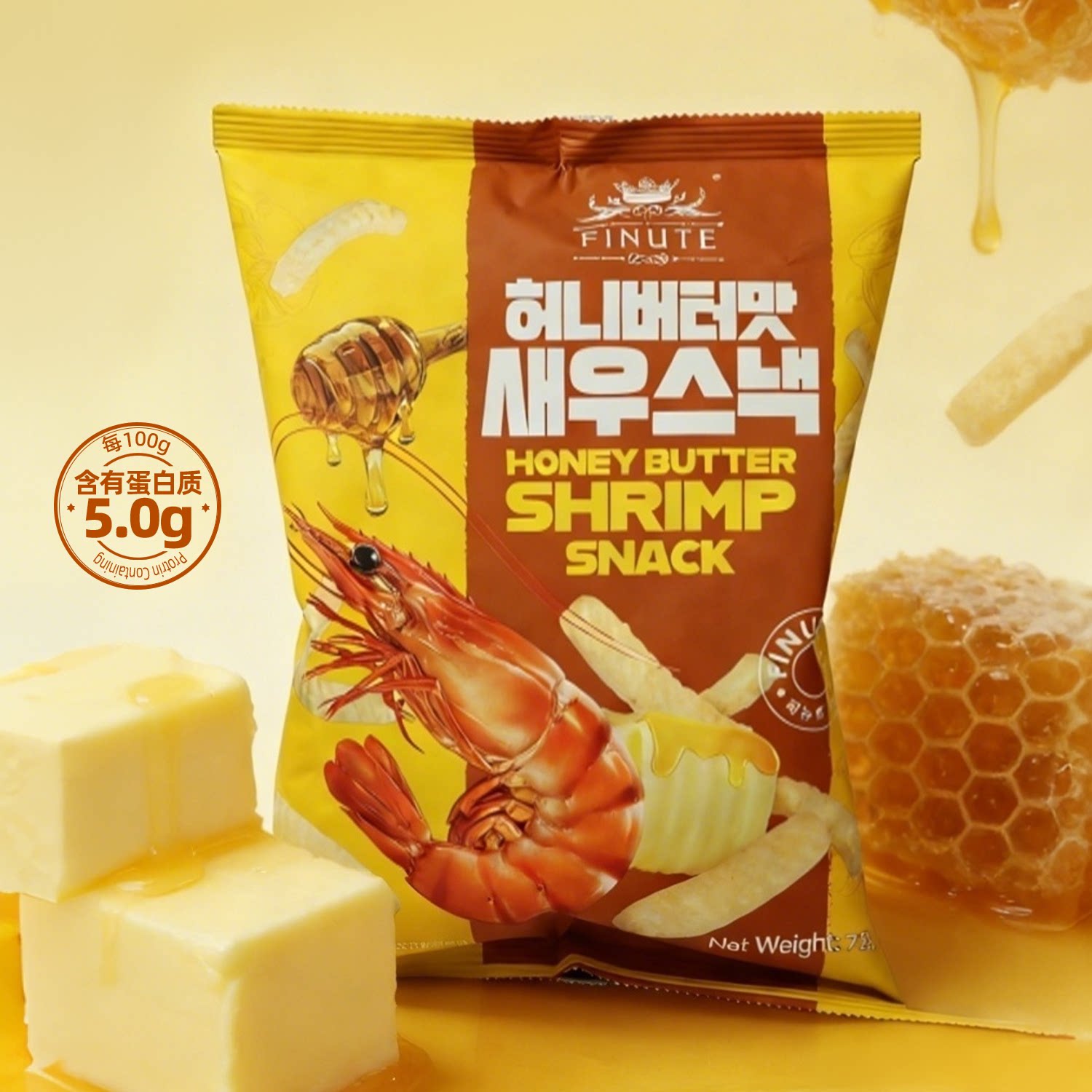 趣莱福FINUTE虾条蜂蜜黄油味虾条韩国进口72g*2 休闲膨化零食聚餐