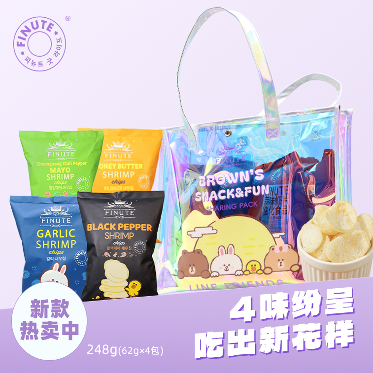 趣莱福FINUTE布朗熊系列虾片蒜味62g*4韩国进口网红虾片膨化食品