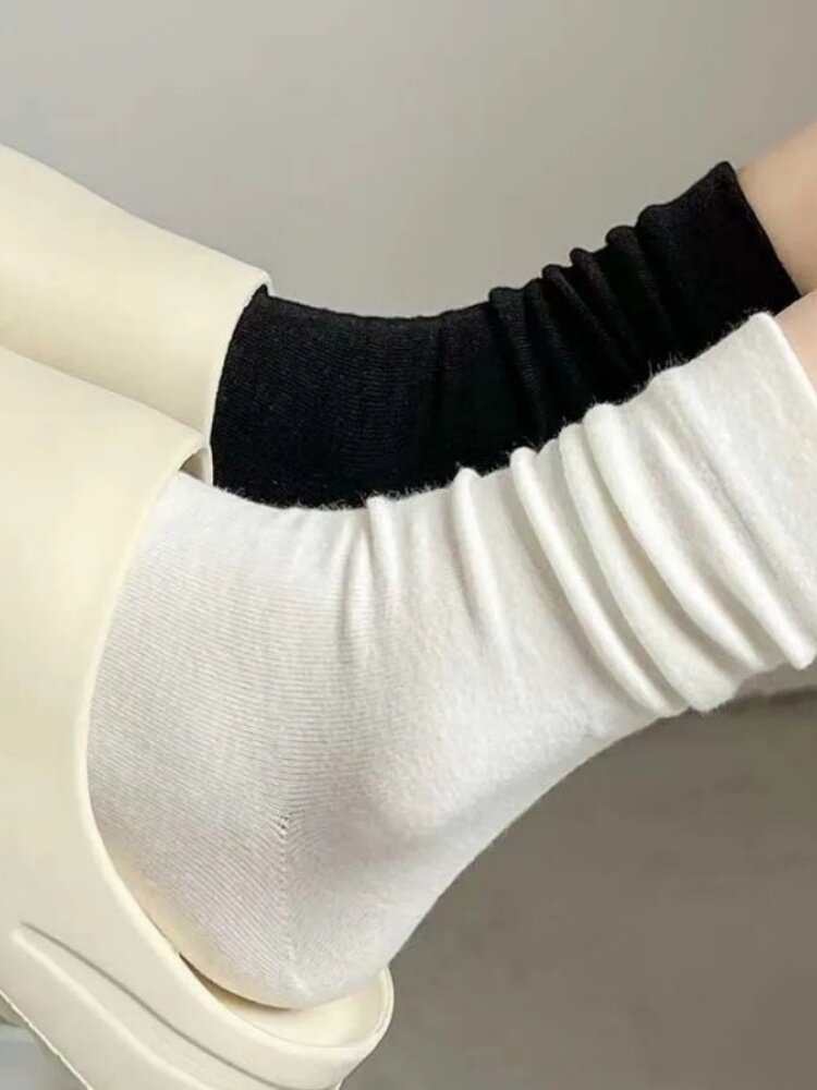 纯白色堆堆袜子女中筒袜棉ins潮春秋无骨袜夏季黑色松口月子长袜