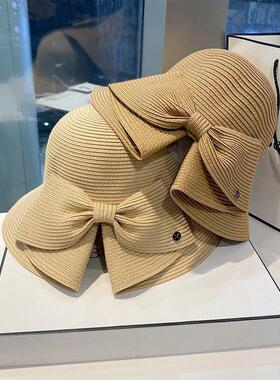 Summer Women Straw Bucket Hat Panama Bow Large Brim Foldable