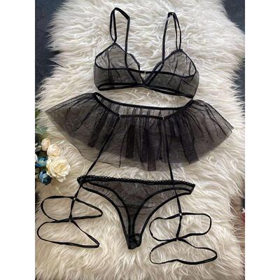 Mesh see-through lace three-point skirt sexy lingerie