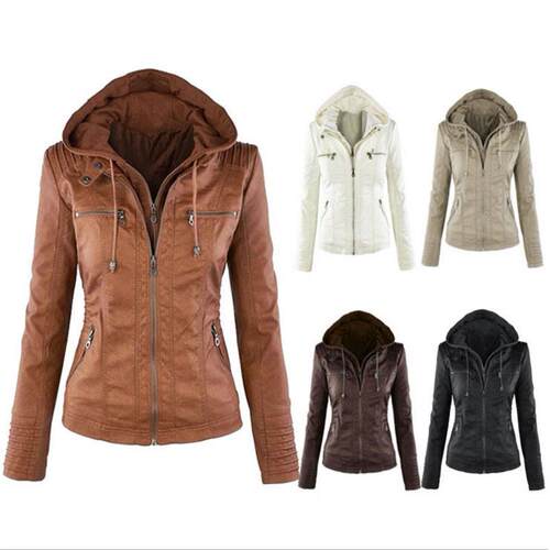 Jacket Women Euro Hood zipper coat Leather clothing皮夹克女