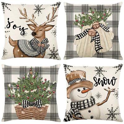 Linen Christmas Pillow Cover Snowman Elk Pillow Case 2024 Ch