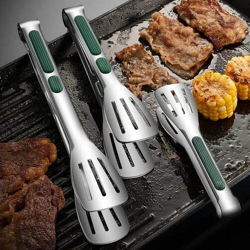 1pc Non Slip Stainless Steel Food Tongs Meat Salad Bread Cli