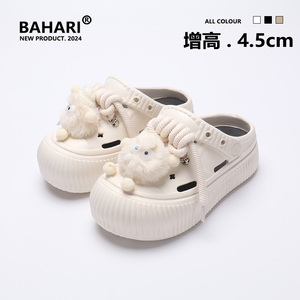 BAHARI绑带毛球包头洞洞鞋女夏季外穿厚底软底防滑少女可爱凉拖鞋