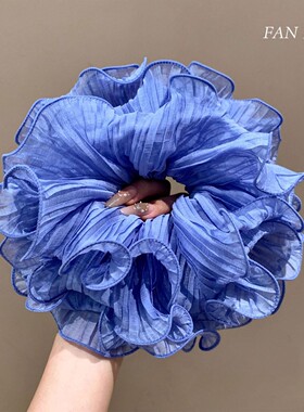 优雅蓝色木耳边大号大肠发圈女慵懒风多层丸子头皮筋发绳头绳发饰