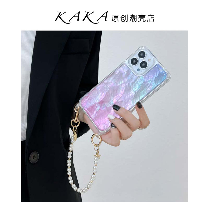蓝紫渐变天然贝母星星珍珠链条适用苹果14手机壳iPhone13/