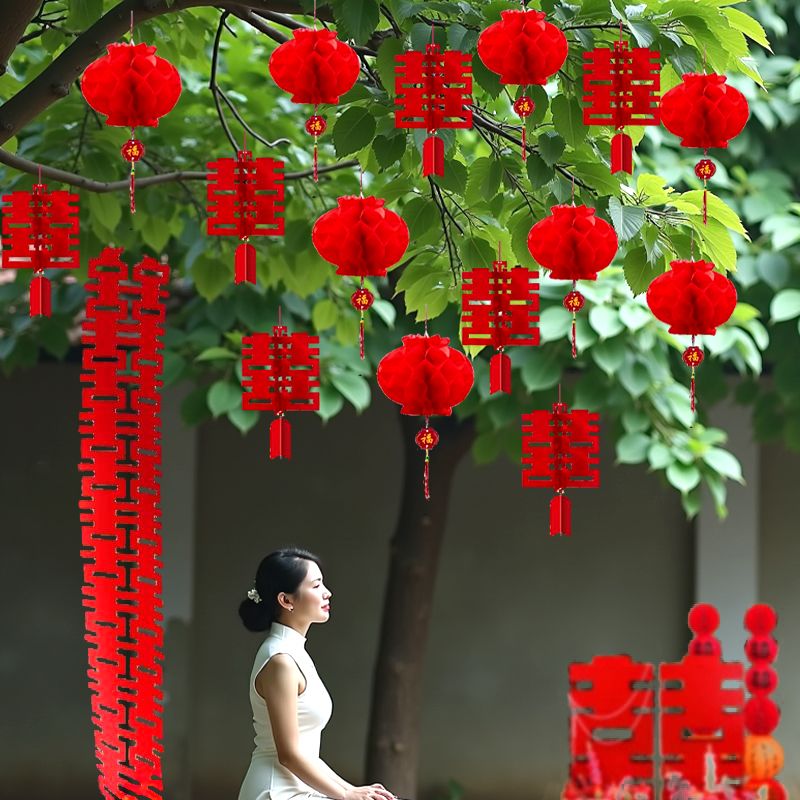 结婚喜字灯笼挂饰婚房挂件农村院子门口树上布置男方婚礼场景装饰