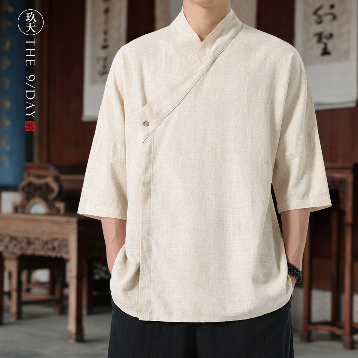 夏季短袖汉服男装复古交领道袍斜襟宽松唐装中国风棉麻禅意居士服