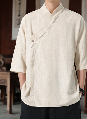夏季短袖汉服男装复古交领道袍斜襟宽松唐装中国风棉麻禅意居士服