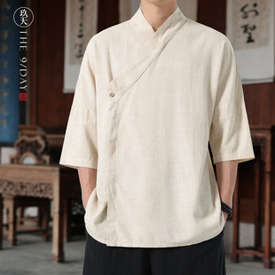 夏季短袖汉服男装复古交领道袍斜襟宽松唐装中国风棉麻禅意居士服