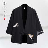 汉服男古装 宽松棉麻居士道袍道服古风中国风仙鹤龙纹刺绣亚麻外套