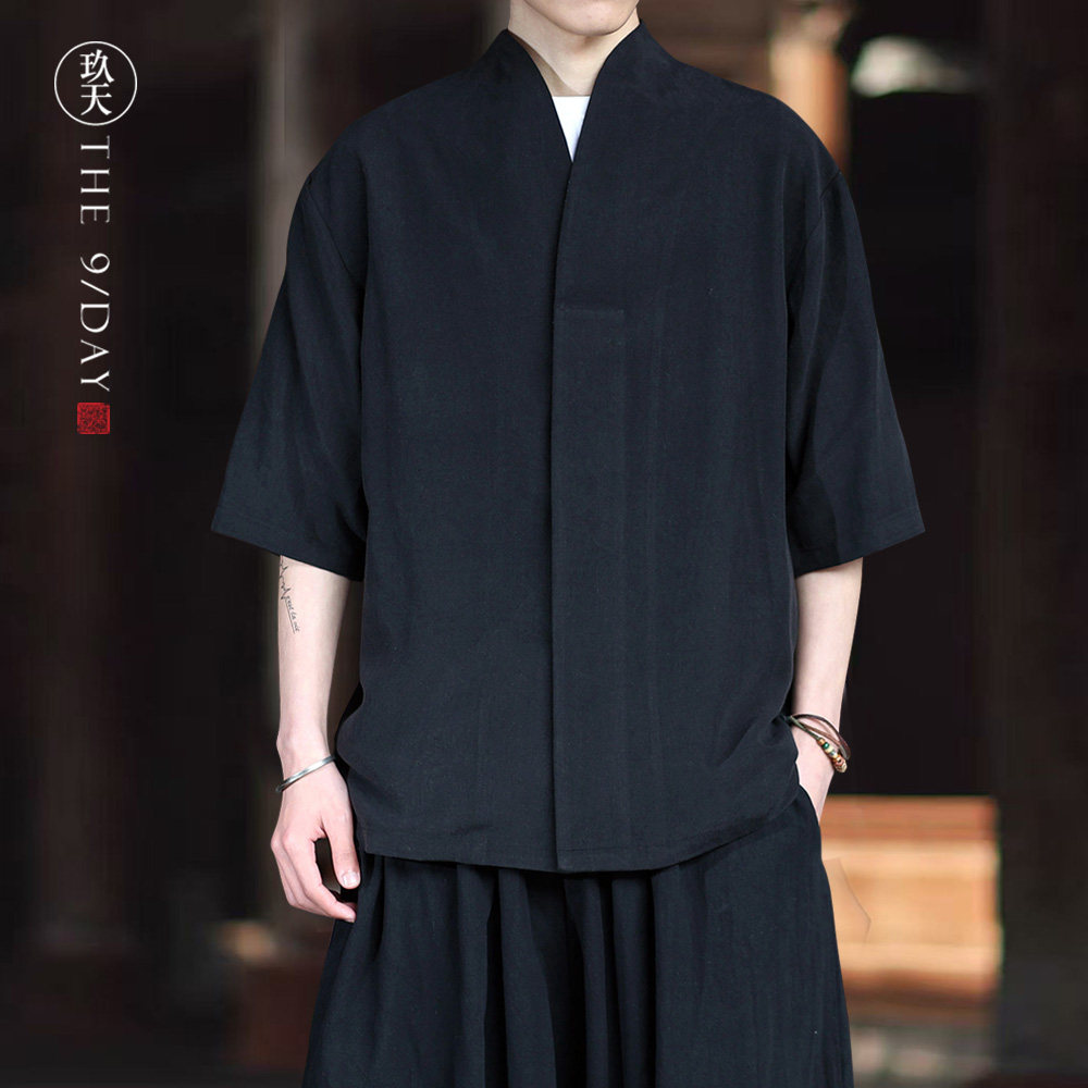 夏季新中式短袖衬衫天丝亚麻衬衣中国风男装V领中式汉服中袖唐装