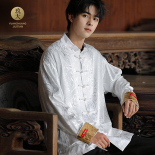 秋季新中式男装丝绸唐装刺绣男女情侣外套绸缎中国风立领衬衫酷飒