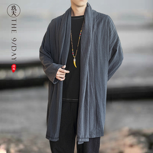 中国风秋季男装中长款外套风衣亚麻汉服开衫披风居士道服道袍禅服