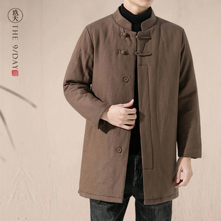 冬季中国风男装中长款亚麻外套盘扣棉服中式唐装古风加厚棉衣棉袄