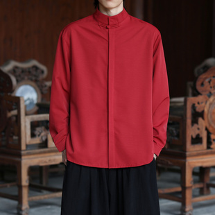 红色衬衫秋冬新中式男装复古立领盘扣衬衣短袖中式唐装汉服免烫