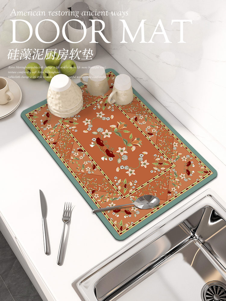 美国覆古花卉厨房台面排水垫酒吧杯吸收干燥垫碗和盘子吧咖啡机垫