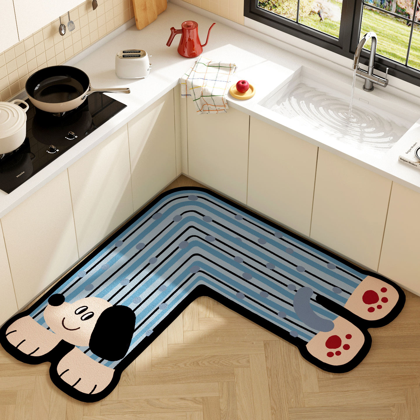 蓝色小狗转角厨房垫矽藻泥L型一体式厨房地垫多巴胺异形吸水脚垫
