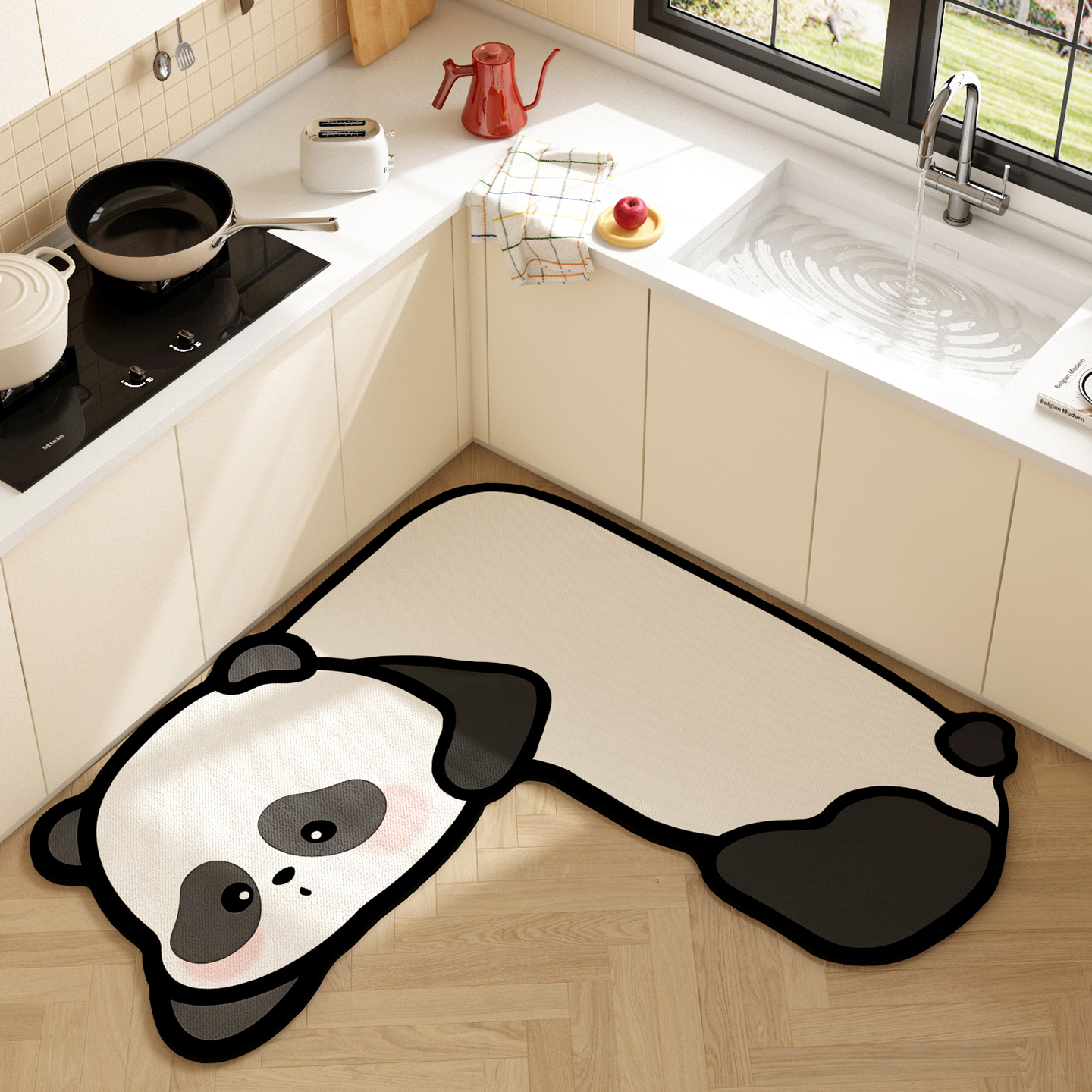 可爱熊猫转角厨房垫硅藻泥异形厨房专用地垫L型一体式防滑吸水垫