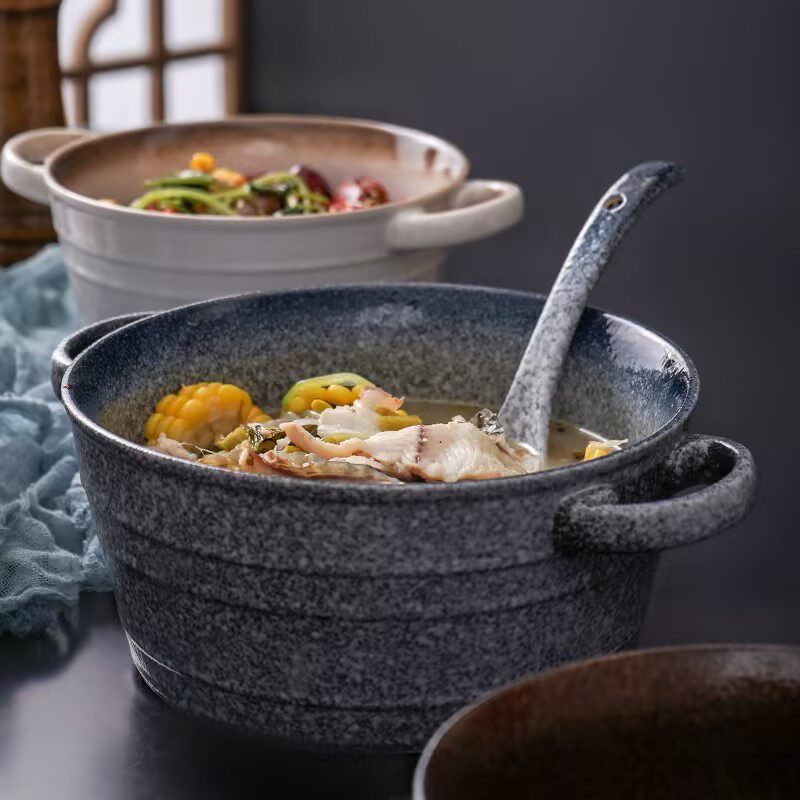 日式汤碗大号陶瓷碗双耳