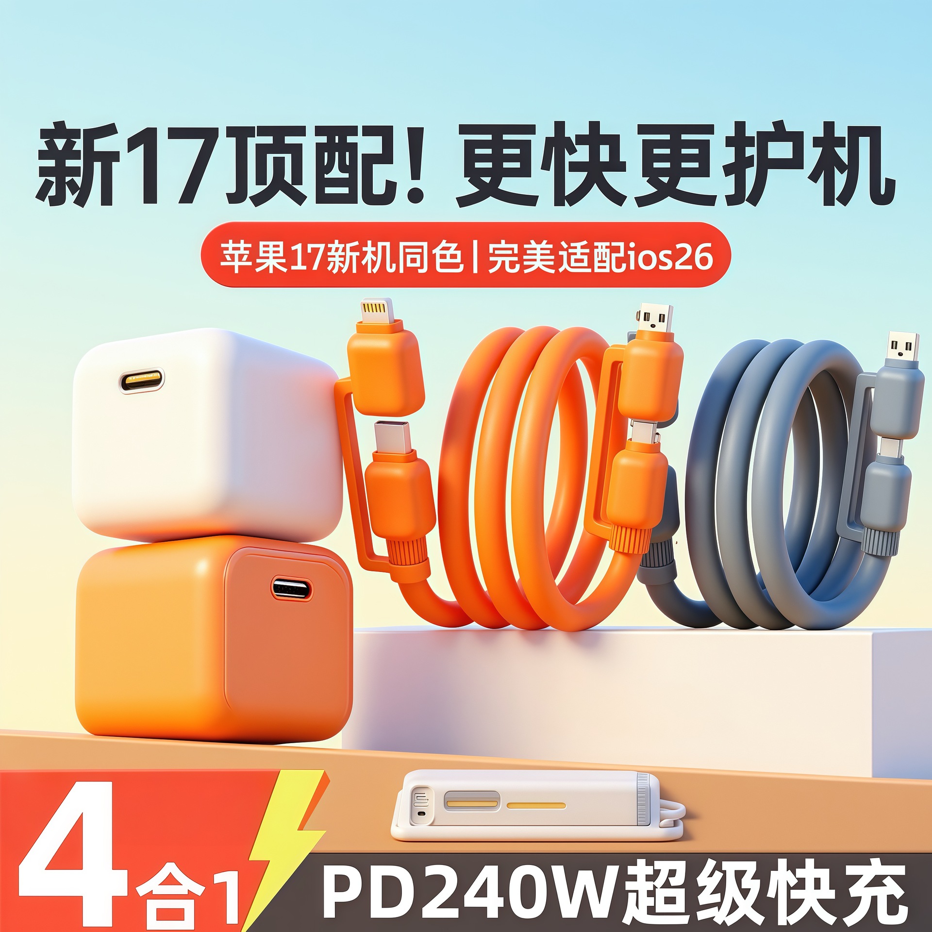 数意低温快充PD65W超级快充数据线4合1充电器线套装二合一充电线手机usb插头三合一适用苹果华为一拖三充电头