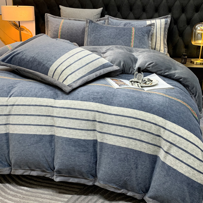 冬季加厚牛奶绒床上四件套双面珊瑚绒被套罩法兰绒加绒床单三件套