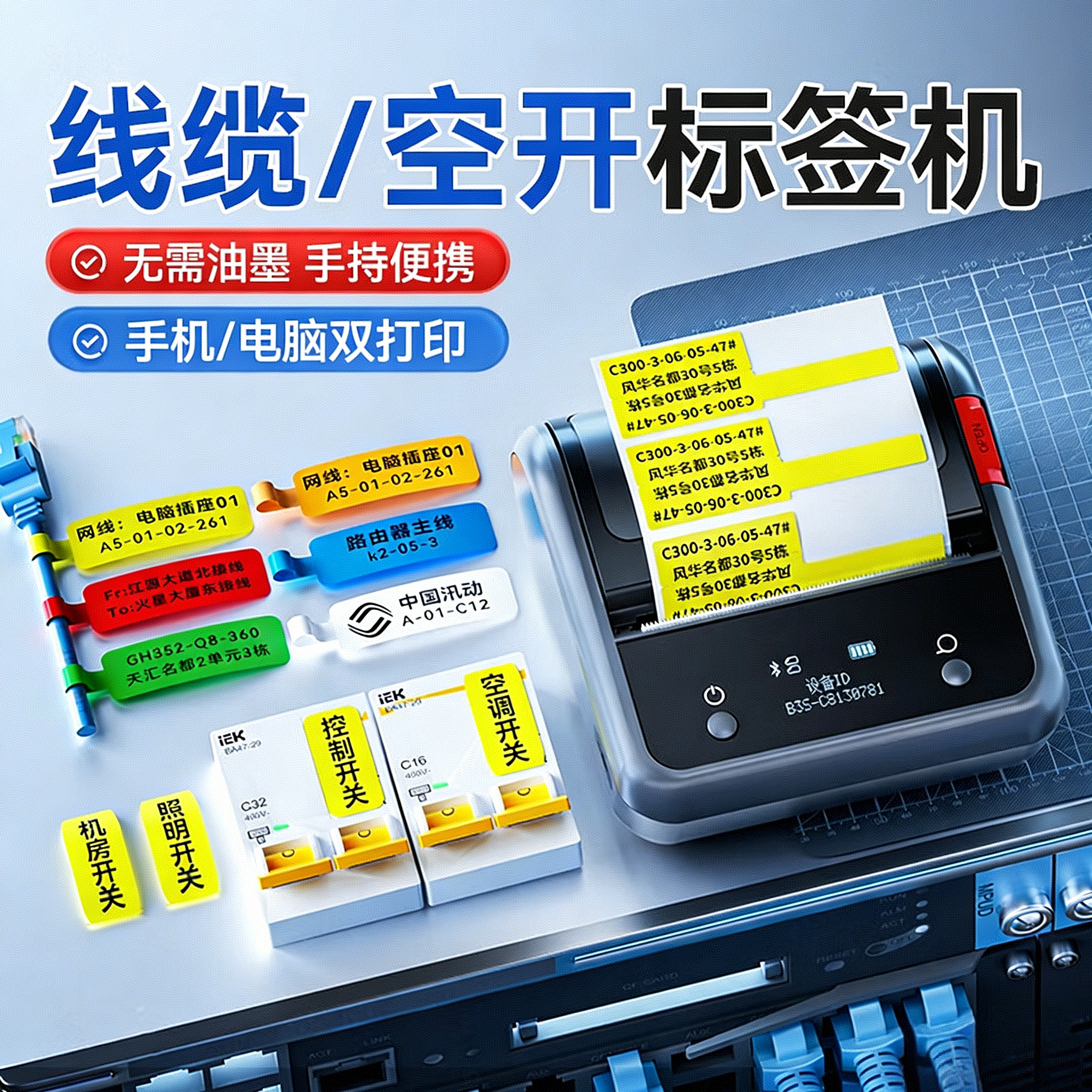 精臣B3S通信线缆标签打印机配电箱设备标识贴机房网络弱电工空开电线光纤尾纤手持便携不干胶P刀型网线标签机