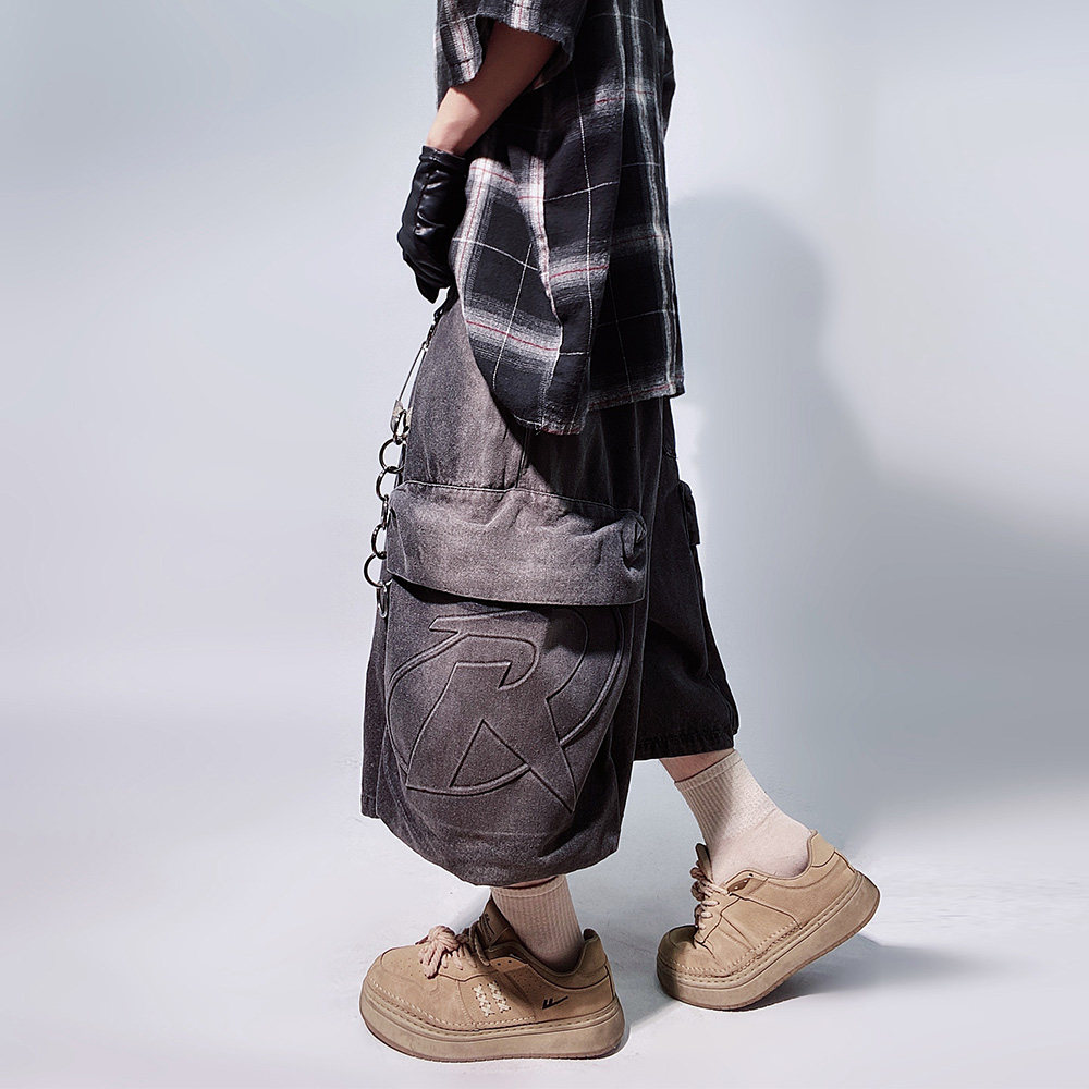 UUCSCC嘻哈潮牌宽松复古七分牛仔短裤VTG大口袋阔腿工装五分裤男