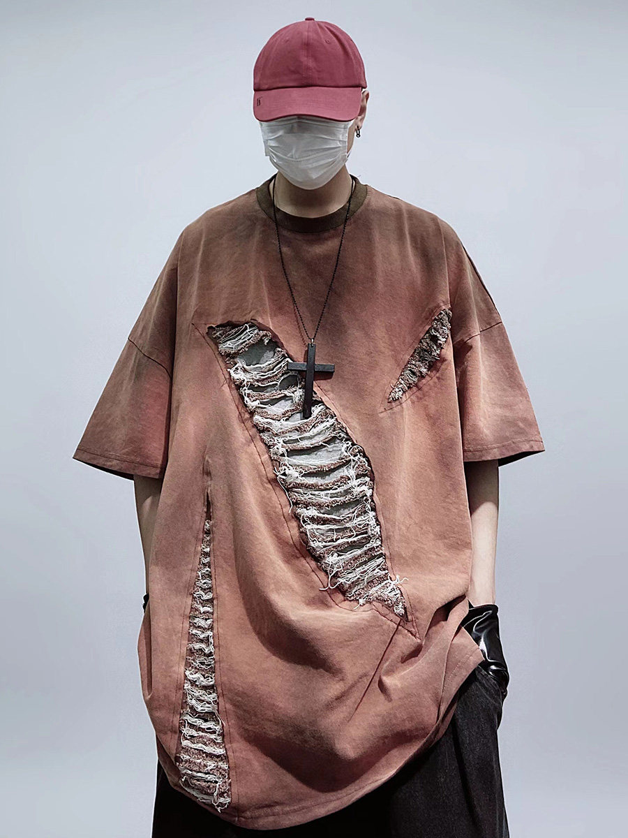 Uucscc嘻哈高街覆古宽松超大破洞短袖t恤洗沉重半袖男子