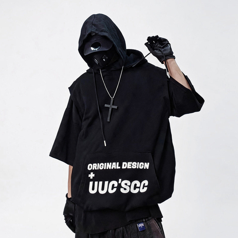 UUCSCC夏季嘻哈潮牌重磅oversize短袖T恤宽松设计感连帽五分袖男